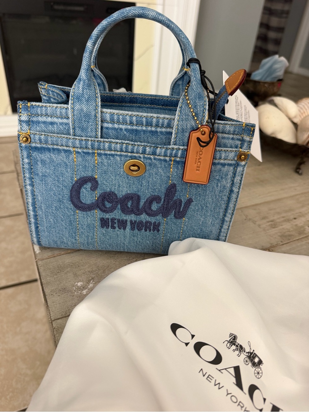Coach Denim Mini Tote in Light Blue with Tan Tag
